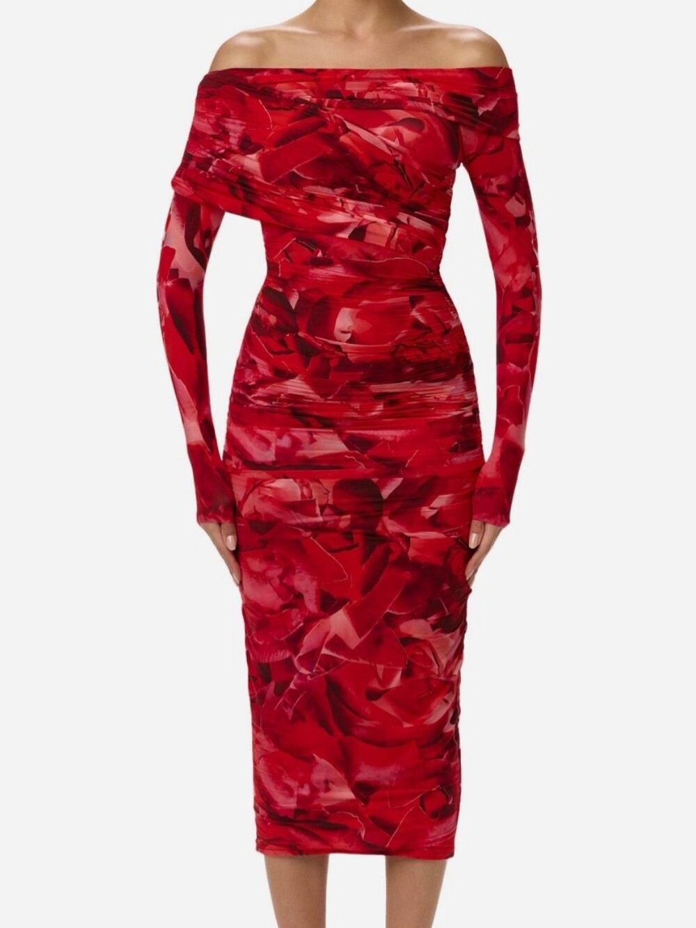 Naked WARDROBE Red Off-Shoulder Bodycon Midi Dress XS